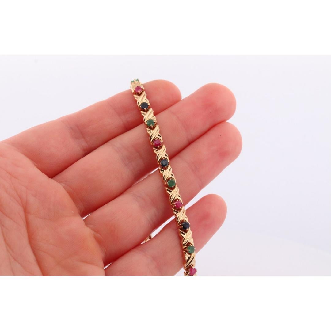 14k Mehrfarbiges Edelsteinarmband. Schwere XOXOXO Runde Rubin-Smaragd-Saphir-Blume 4