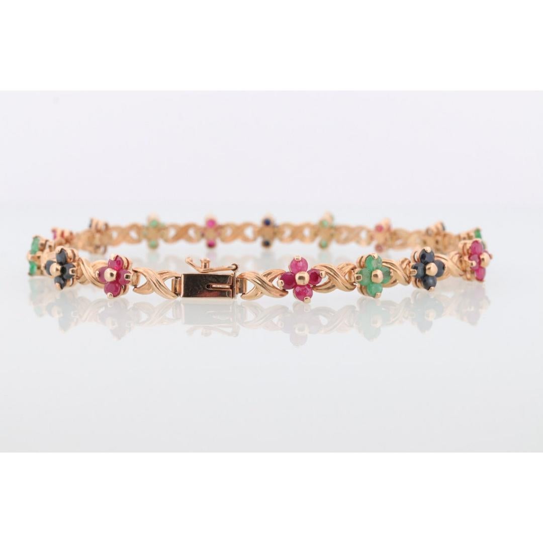 14k Mehrfarbiges Edelsteinarmband. Schwere XOXOXO Runde Rubin-Smaragd-Saphir-Blume 4