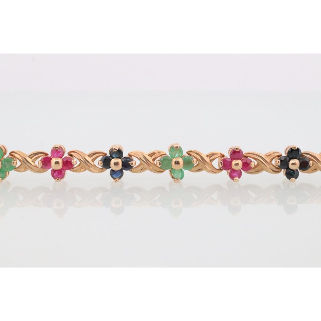 14k Mehrfarbiges Edelsteinarmband. Schwere XOXOXO Runde Rubin-Smaragd-Saphir-Blume 5