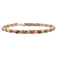 14k Mehrfarbiges Edelsteinarmband. Schwere XOXOXO Runde Rubin-Smaragd-Saphir-Blume