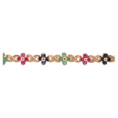 14k Mehrfarbiges Edelsteinarmband. Schwere XOXOXO Runde Rubin-Smaragd-Saphir-Blume