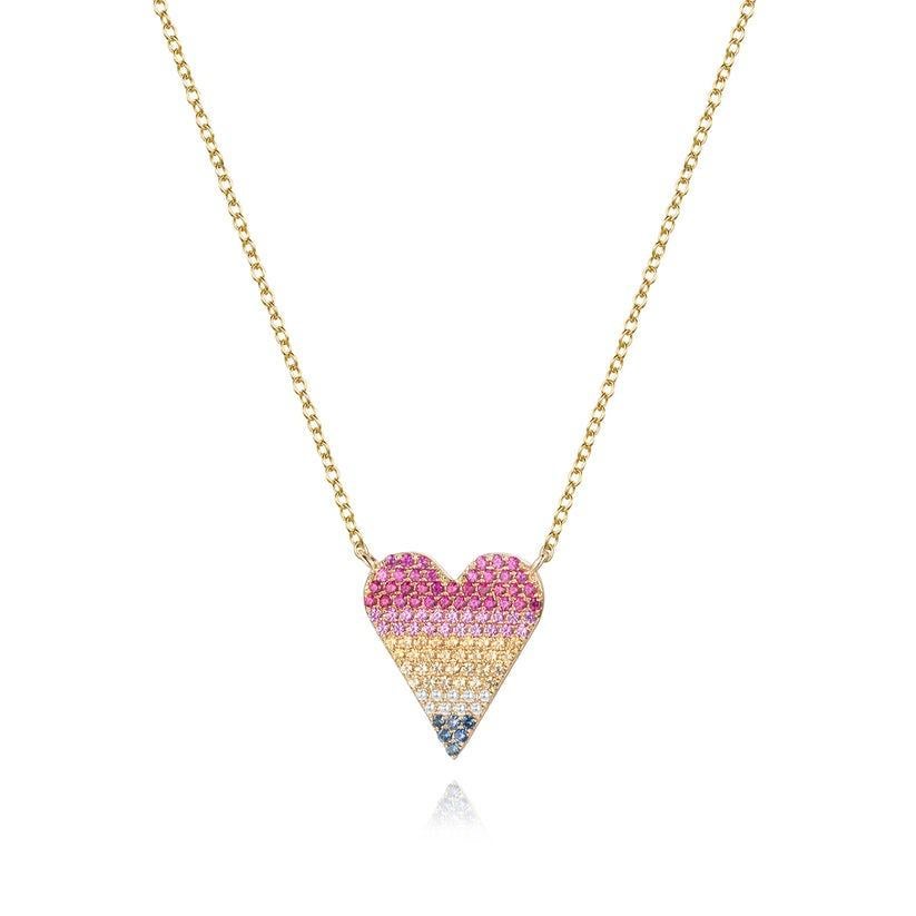 Moderno Collana Heart Pave in oro giallo 14K con zaffiro multicolore e diamante in vendita