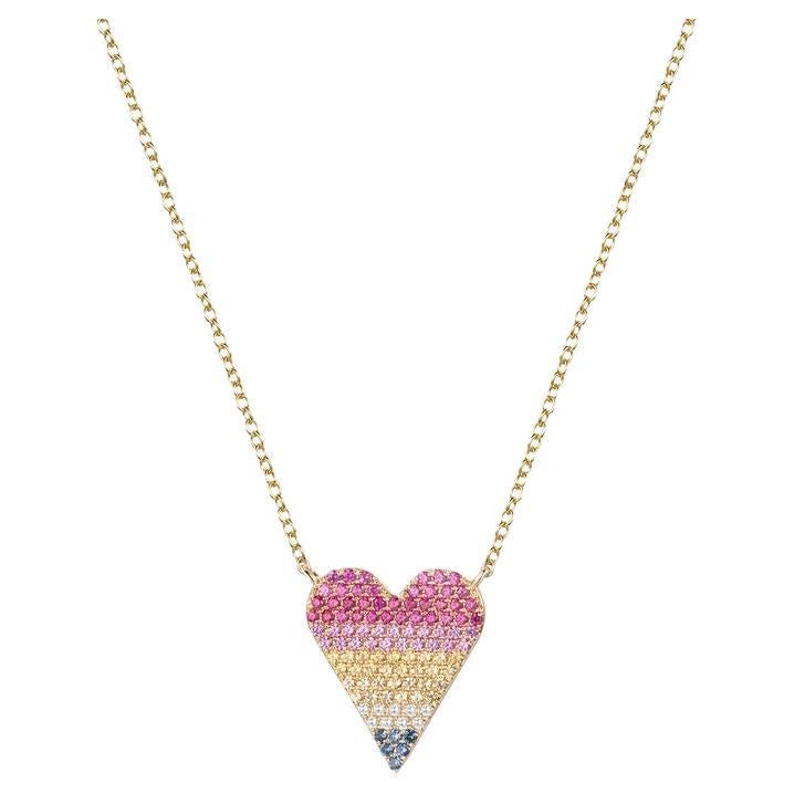 Heart Pave 14K Yellow Gold Multicolor Sapphire Diamond Necklace