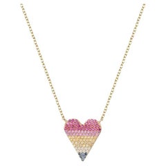 Heart Pave 14K Yellow Gold Multicolor Sapphire Diamond Necklace