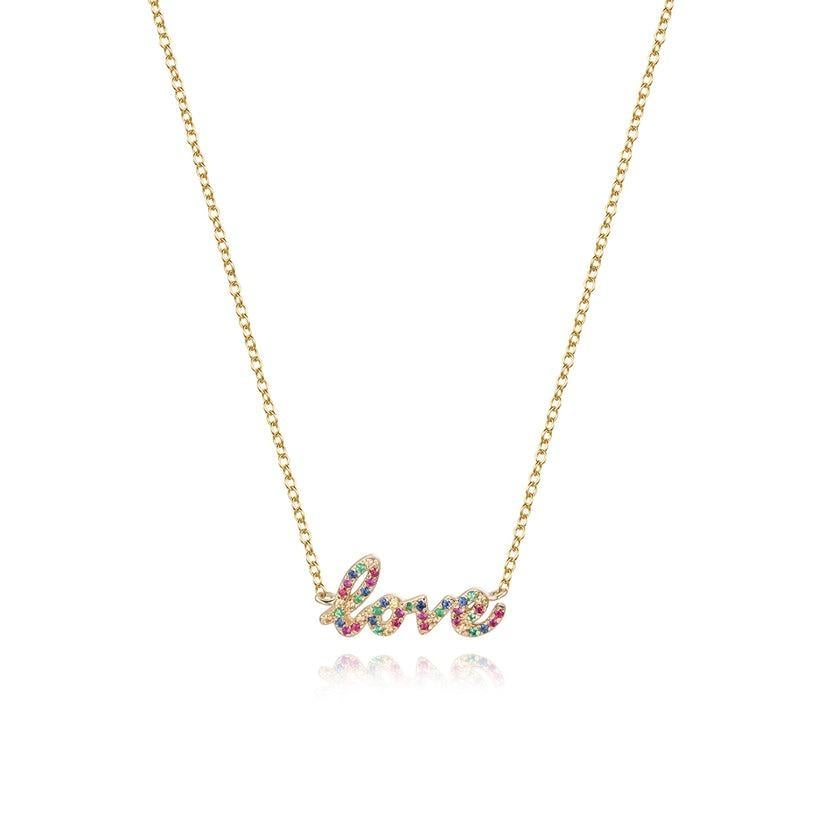 Modern Love Script Pave Multicolor Sapphire 14K Yellow Gold Necklace For Sale