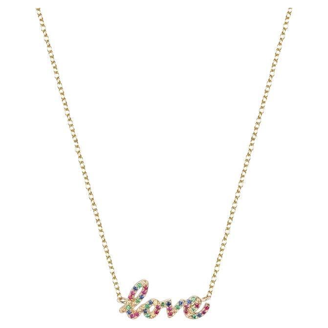 Love Script Pave Multicolor Sapphire 14K Yellow Gold Necklace