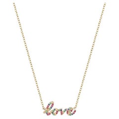 Love Script Pave Multicolor Sapphire 14K Yellow Gold Necklace