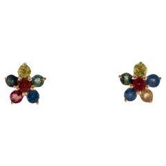 14K Multi-Sapphire Stud Earrings  1.84 Carat Round Faceted Gemstones  Maker's 