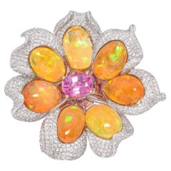 Bague en or 14 carats, opale de feu, spinelle rose et diamants 2,86 carats