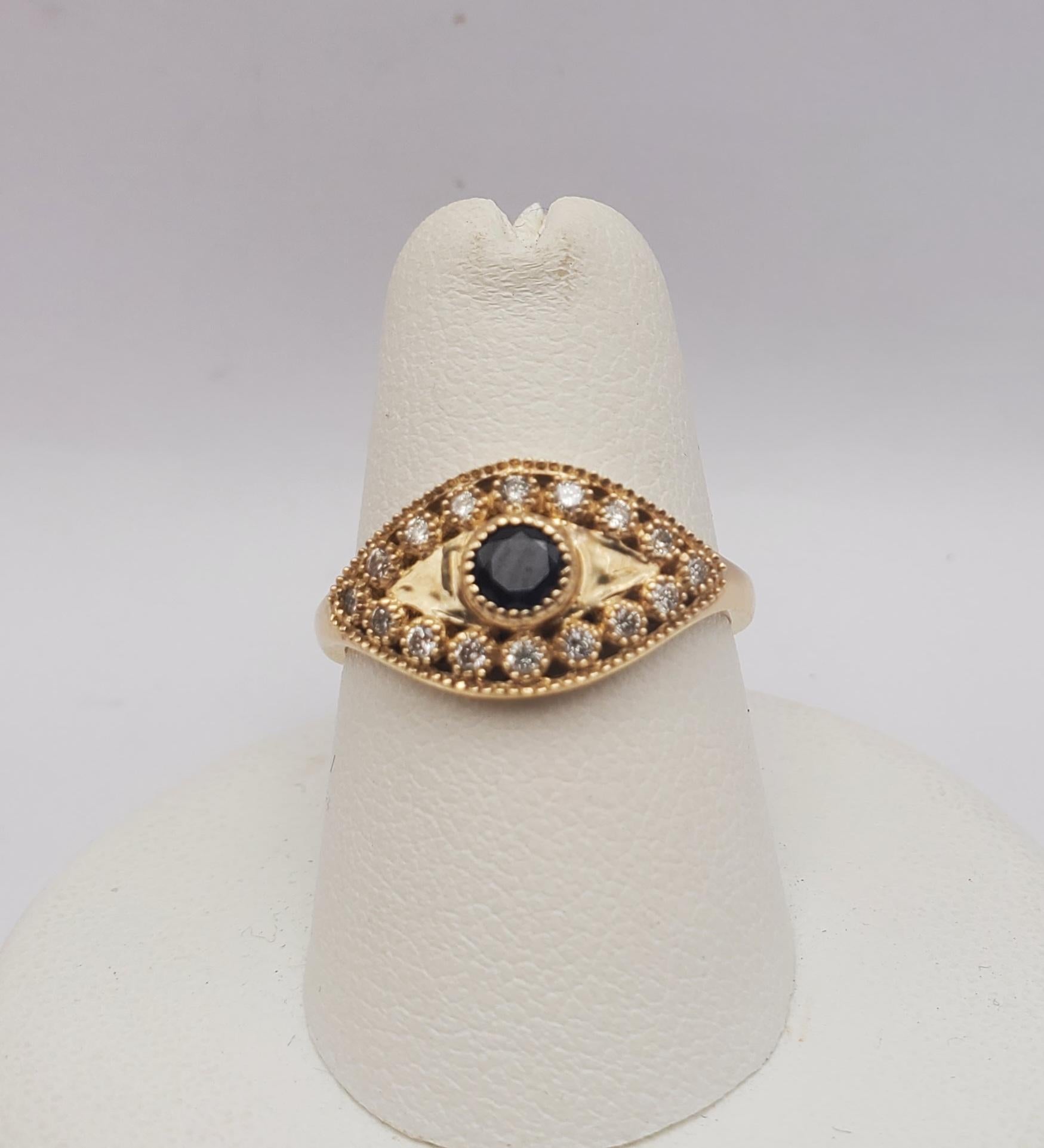 14K Natural Blue Sapphire & Diamond Evil Eye Ring 5