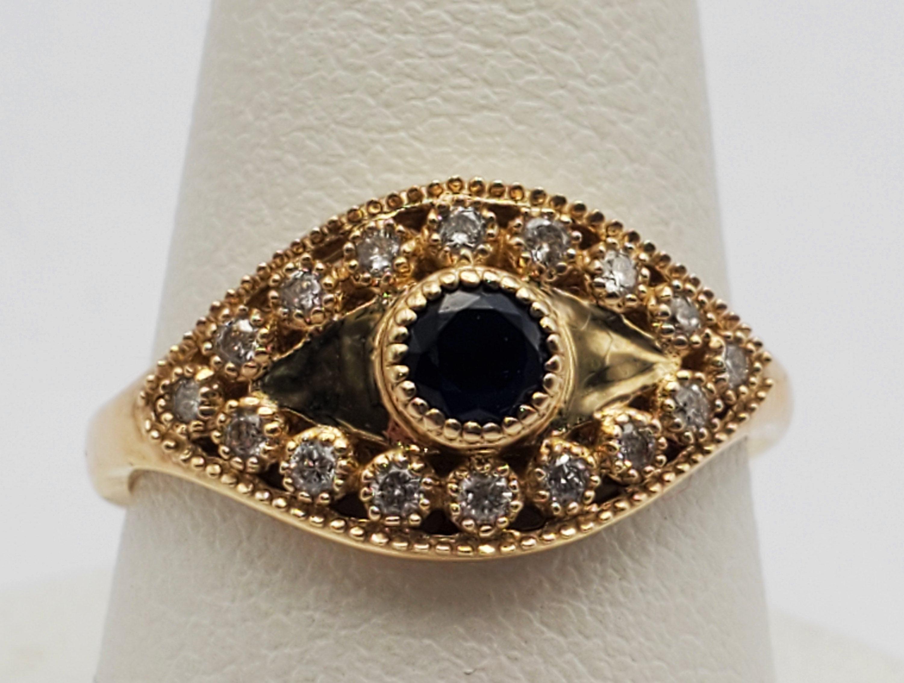 Round Cut 14K Natural Blue Sapphire & Diamond Evil Eye Ring