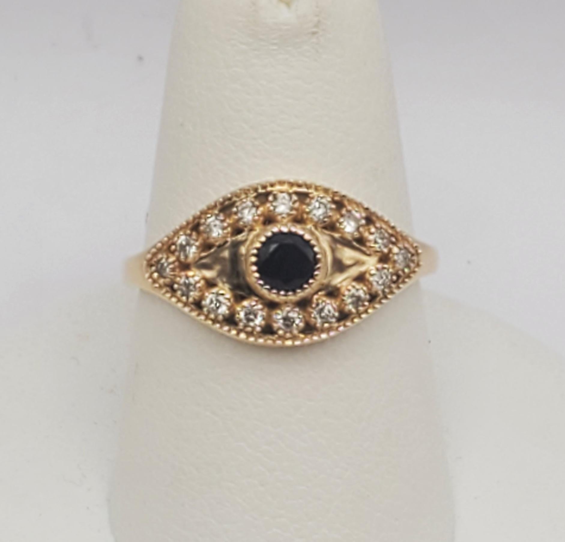 14K Natural Blue Sapphire & Diamond Evil Eye Ring 4