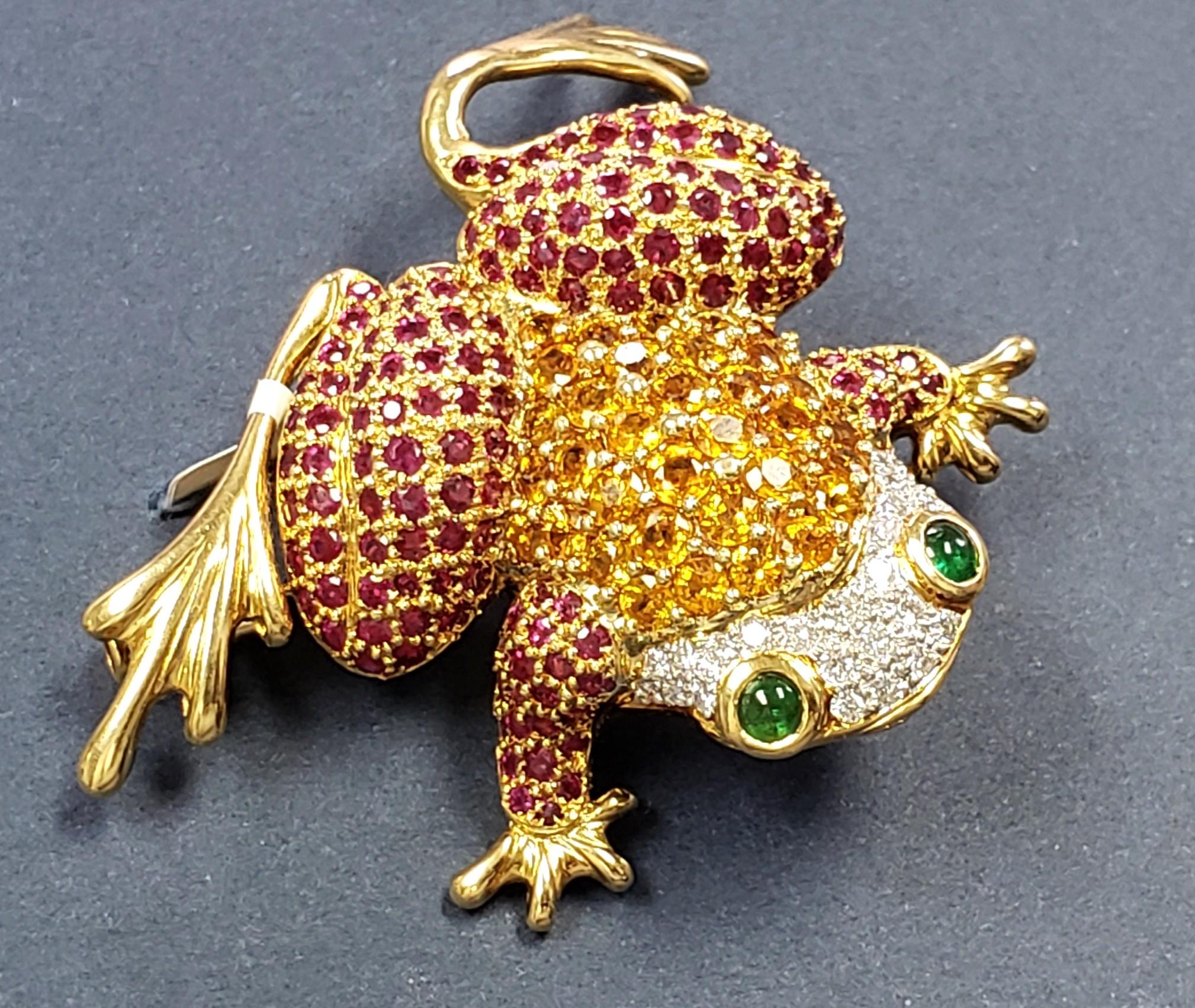 14K Natural Diamond sapphire, ruby FROG Pin/Brooch 65x45MM For Sale 5