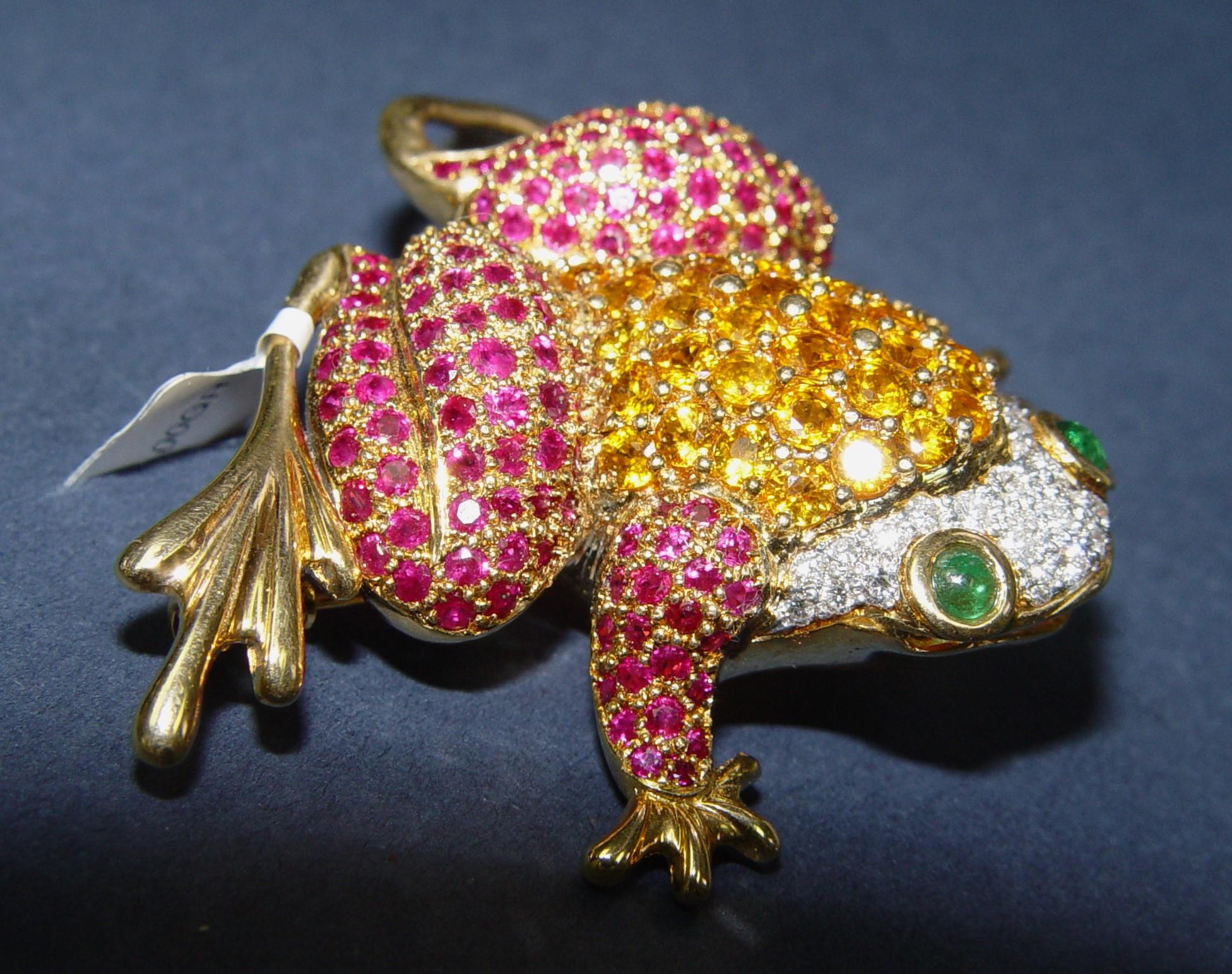 Women's or Men's 14K Natural Diamond sapphire, ruby FROG Pin/Brooch 65x45MM For Sale
