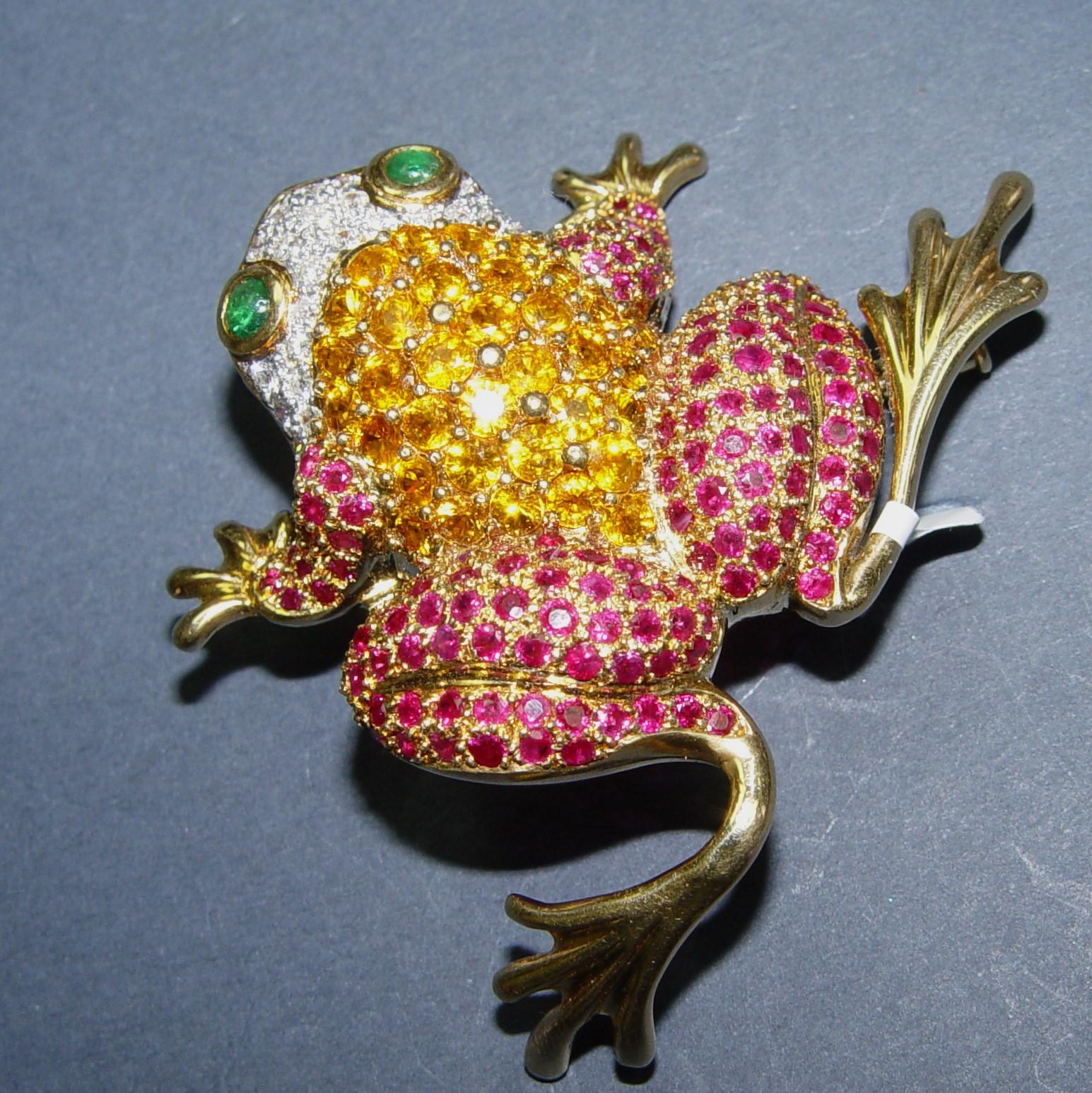 14K Natural Diamond sapphire, ruby FROG Pin/Brooch 65x45MM For Sale 1