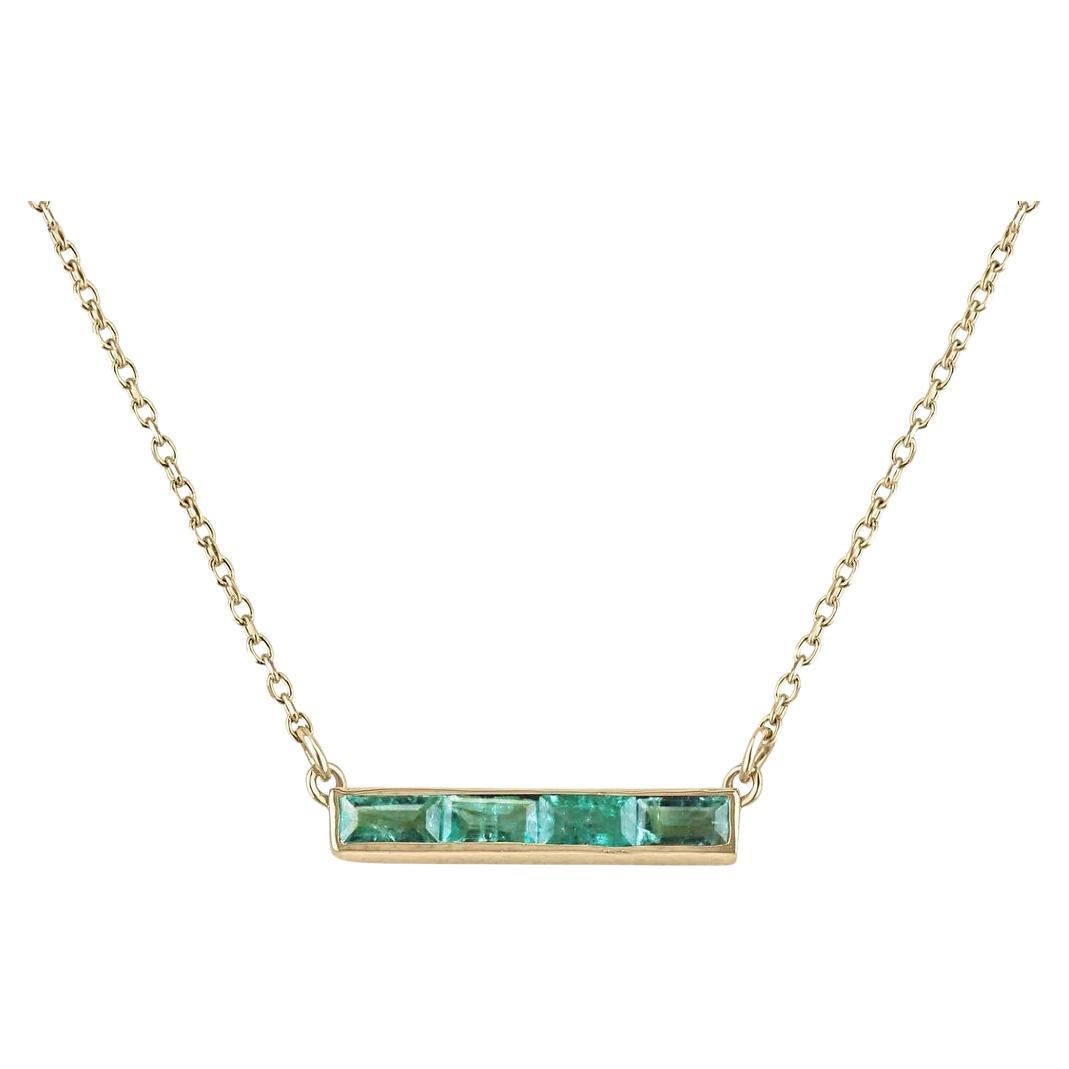 14K Natural Emerald Bar Necklace Medium Green Baguette Cut Emerald East-West