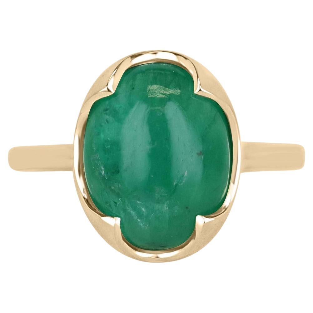 14K Natural Oval Cabochon Cut Emerald Solitaire Ring with Medium Dark Green