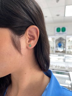 14K Natural Oval & Round Cut Emerald Stud Earrings Petite Green Emerald Studs