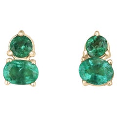 14K Natural Oval & Round Cut Emerald Stud Earrings Petite Green Emerald Studs