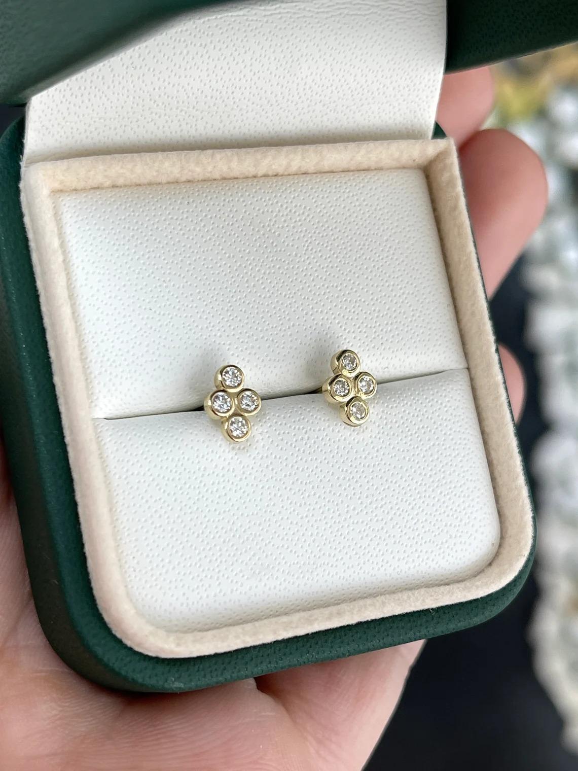 14K Natural Real Brilliant Round Cut Diamond Mini Cloud Stud Gold Bezel Earrings In New Condition For Sale In Jupiter, FL