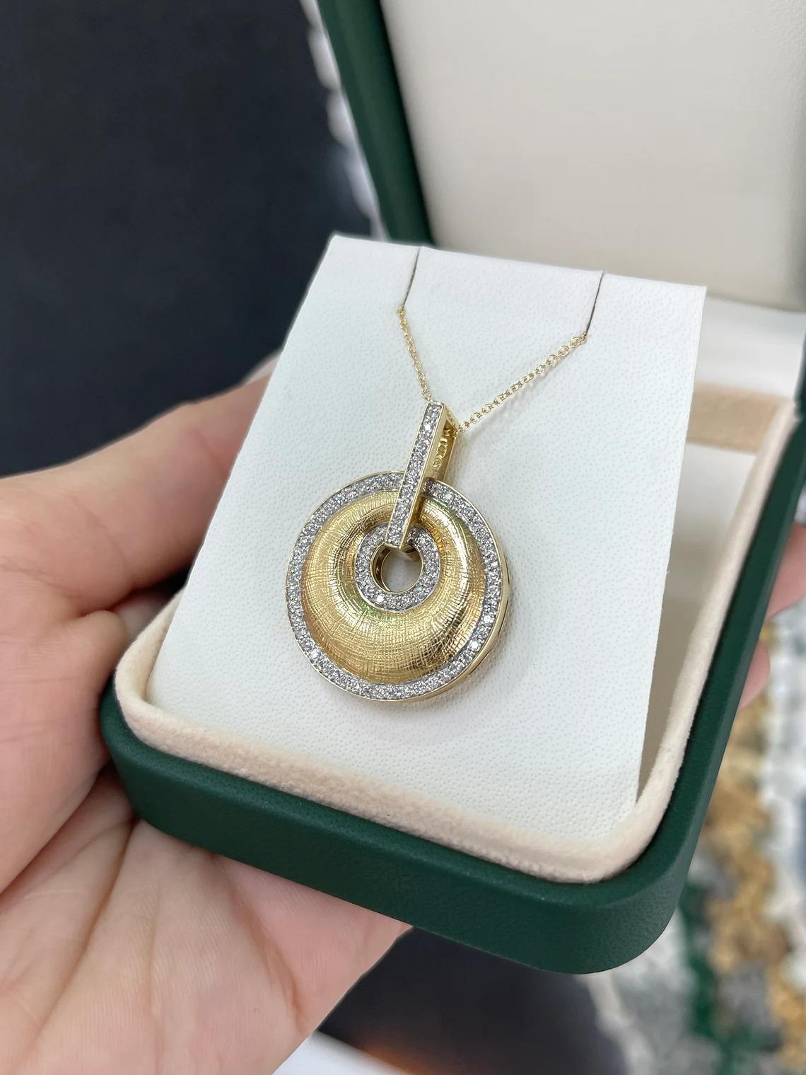 14K Natural Round Diamond Statement Two Toned Medallion Brushed Gold Finish Peda In New Condition For Sale In Jupiter, FL