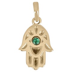 14K Natural Round Emerald Hamsa Jewish/Muslim Religious Pendant Necklace 