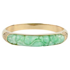 14K Natural Untreated Jade and Diamond Hinged Bangle Bracelet