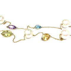 14k Necklace Bezel Set with Multi-Color/Shape Gemstones and Pearls Yellow Gold