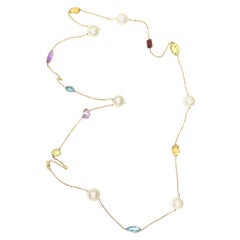 14k Necklace Bezel Set with Multi-Color/Shape Gemstones and Pearls Yellow Gold