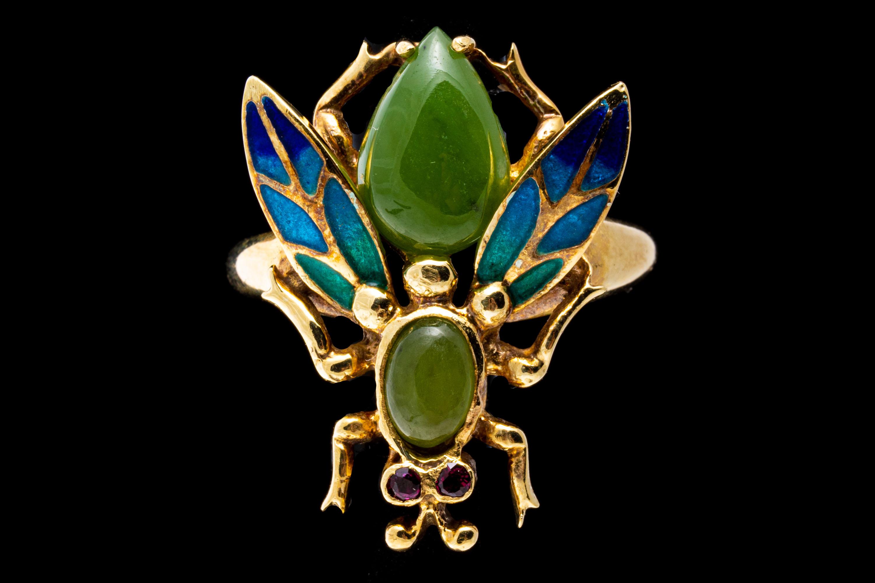 14k Nephrite Jade and Ombre Enamel Bug Ring For Sale 2