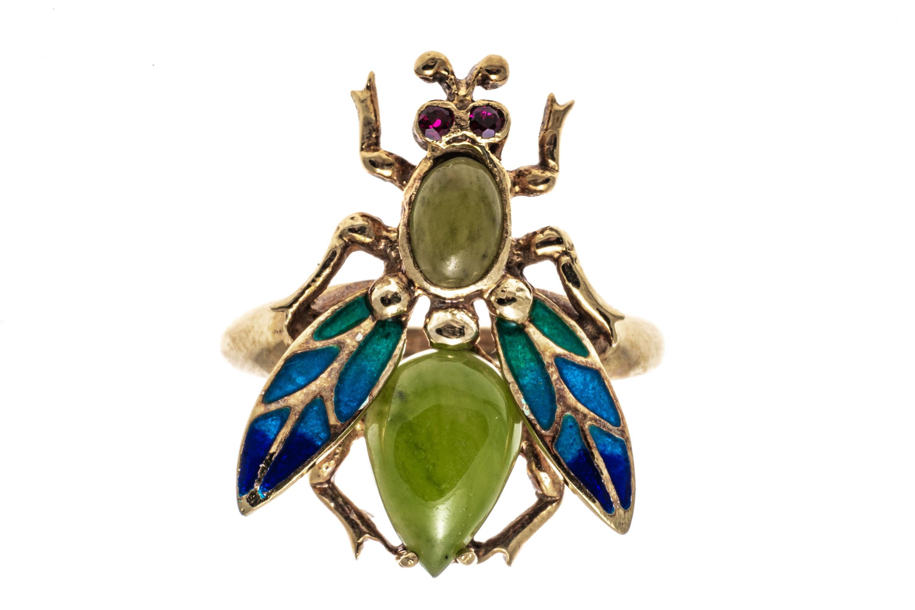 14k Nephrite Jade and Ombre Enamel Bug Ring For Sale 3