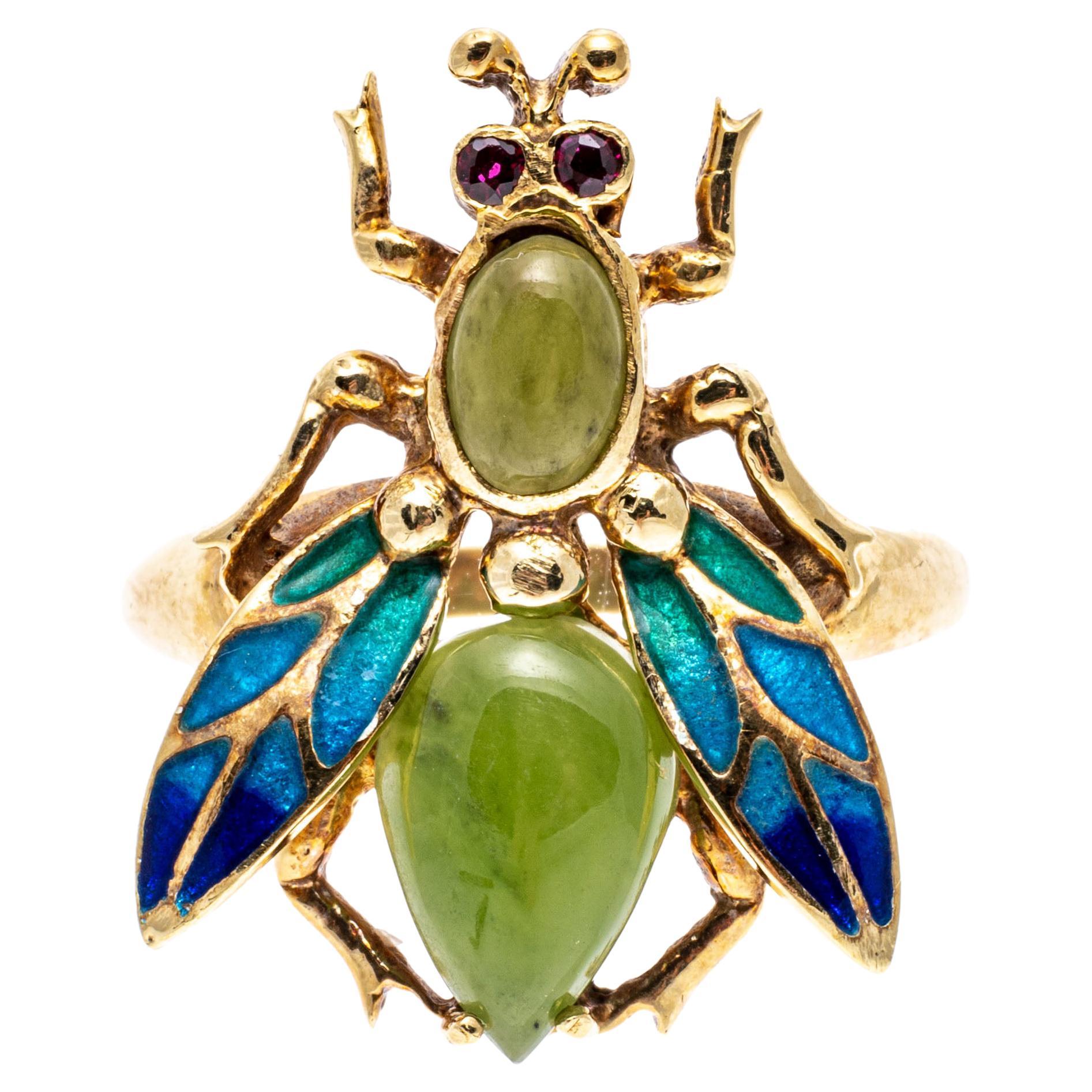 14k Nephrite Jade and Ombre Enamel Bug Ring For Sale