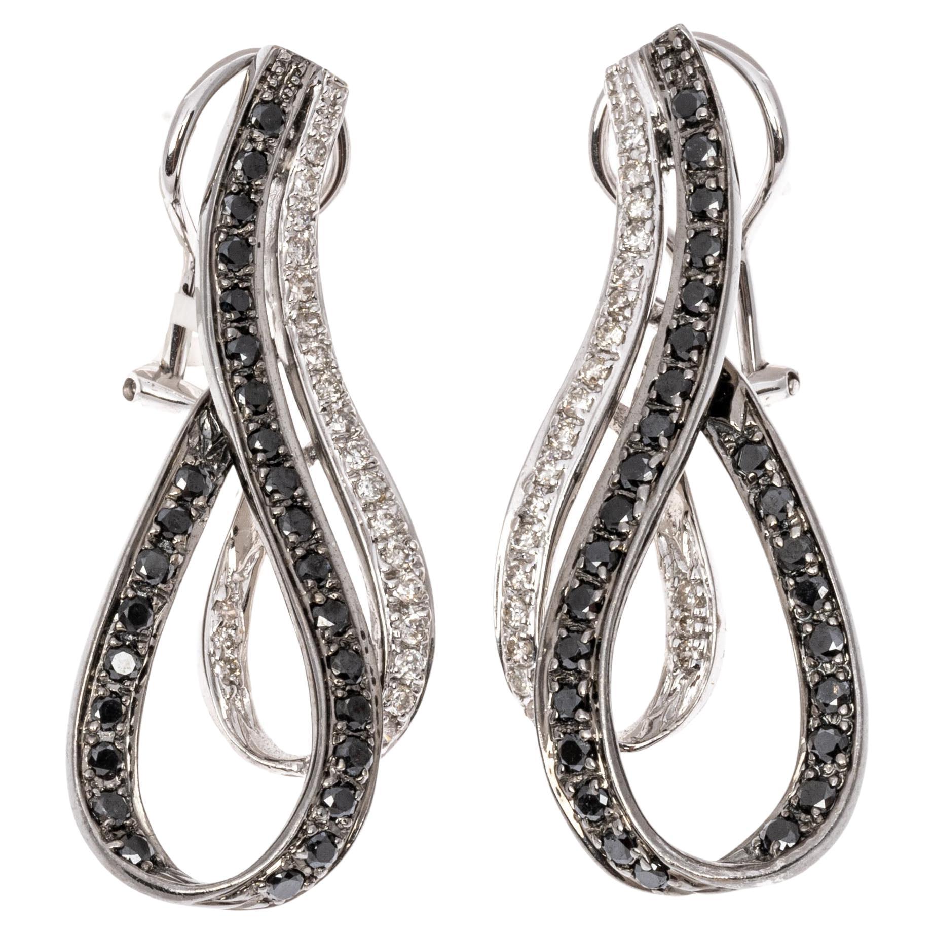14k Nesting Black And White Diamond Swirl Drop Earrings For Sale