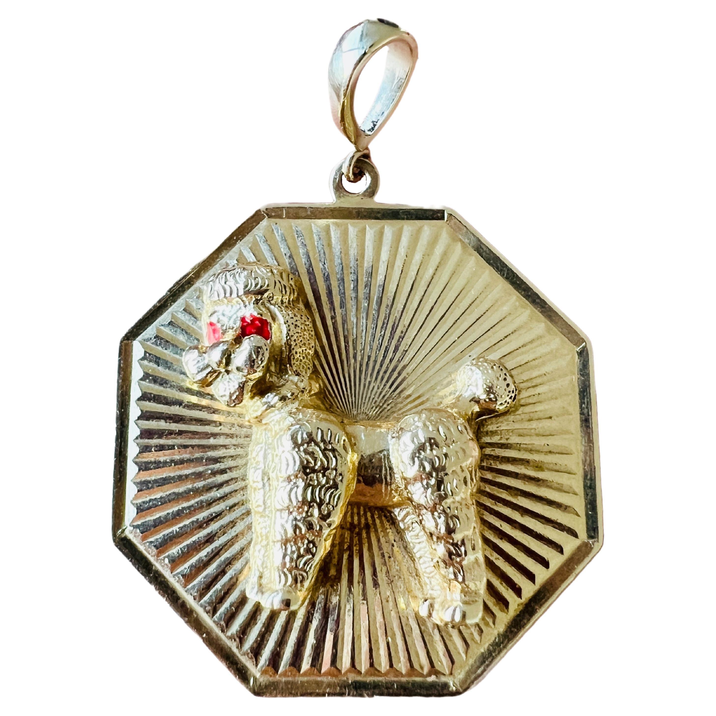 14k Octagon Medallion Poodle Necklace Pendant For Sale
