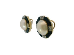 14k Octagon Onyx Diamond  Mabe Pearl Center Clip-On Earrings