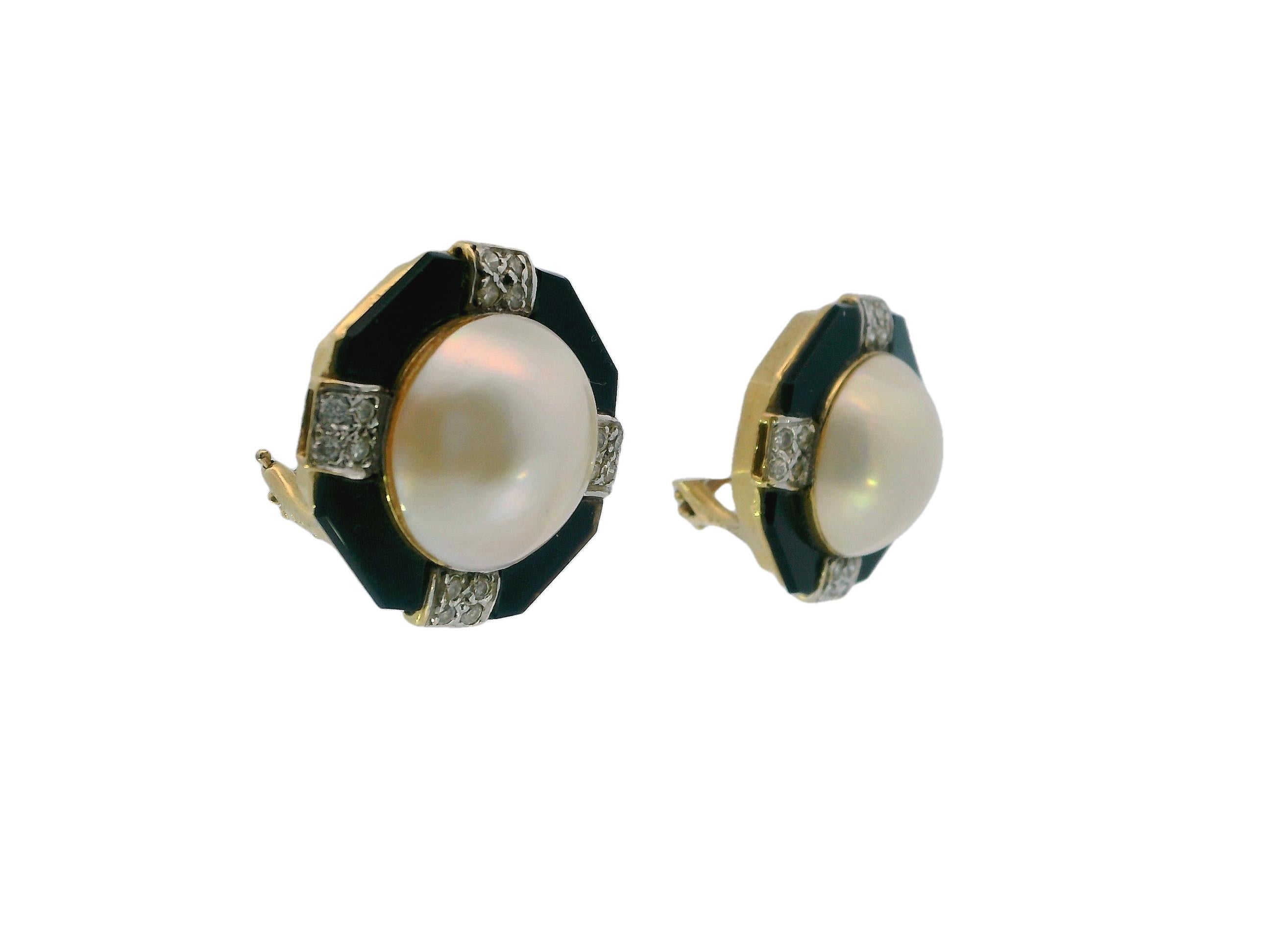 14k Achteckiger Onyx-Diamant  Mabe Perle Center Clip-On Ohrringe im Zustand „Gut“ im Angebot in Great Neck Plaza, NY