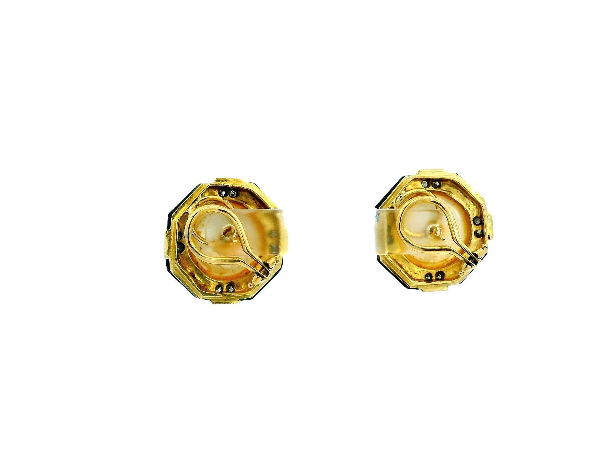 14k Achteckiger Onyx-Diamant  Mabe Perle Center Clip-On Ohrringe für Damen oder Herren im Angebot