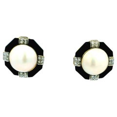 14k Octagon Onyx Diamond  Mabe Pearl Center Clip-On Earrings
