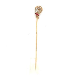 14k Old Flower Pin with Rose Cut Diamond & Ruby