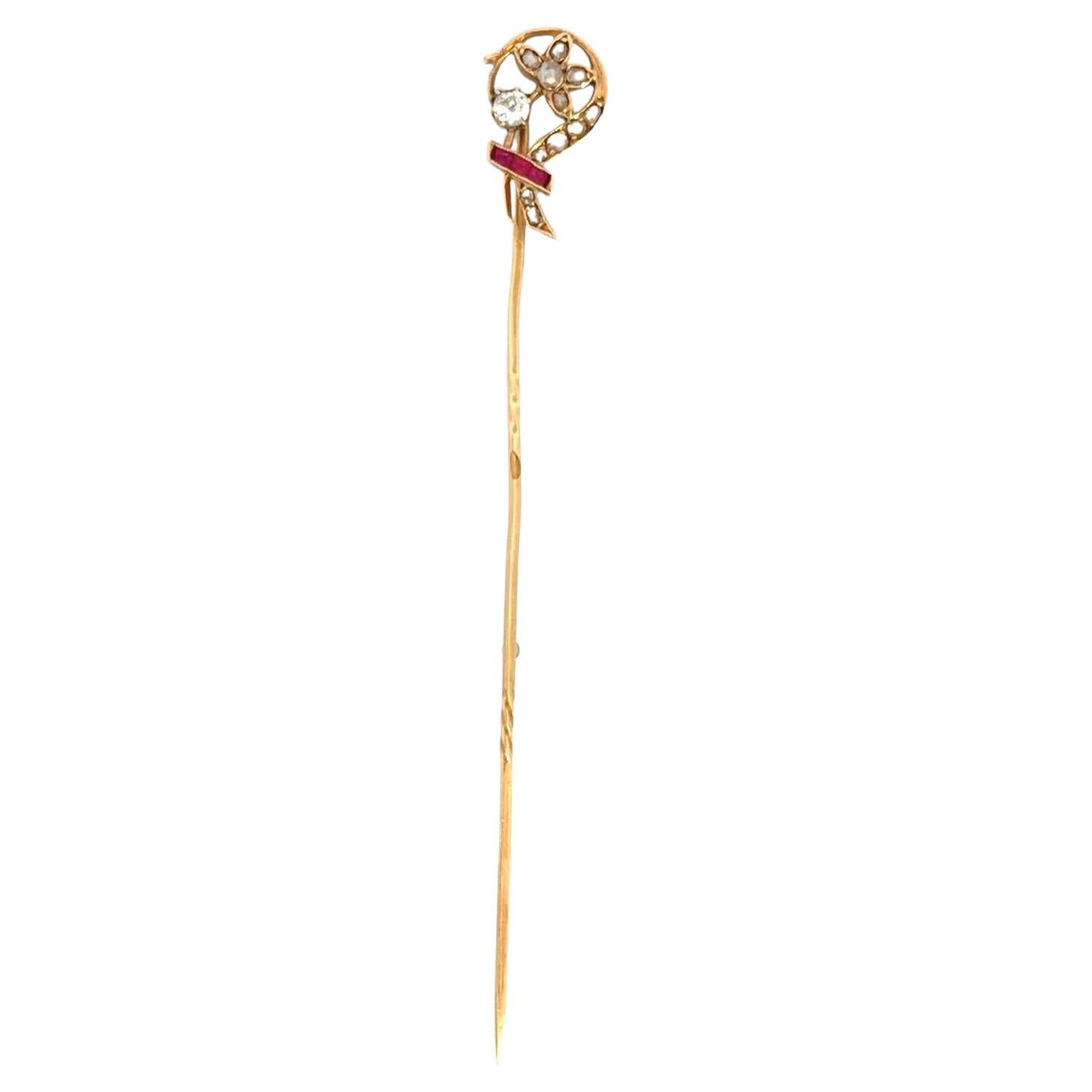 14k Old Flower Pin with Rose Cut Diamond 
Ruby