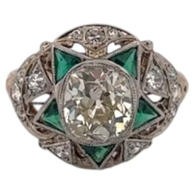 Bague Art déco en or 14k avec diamants et émeraudes, certifiée GIA, années 1890