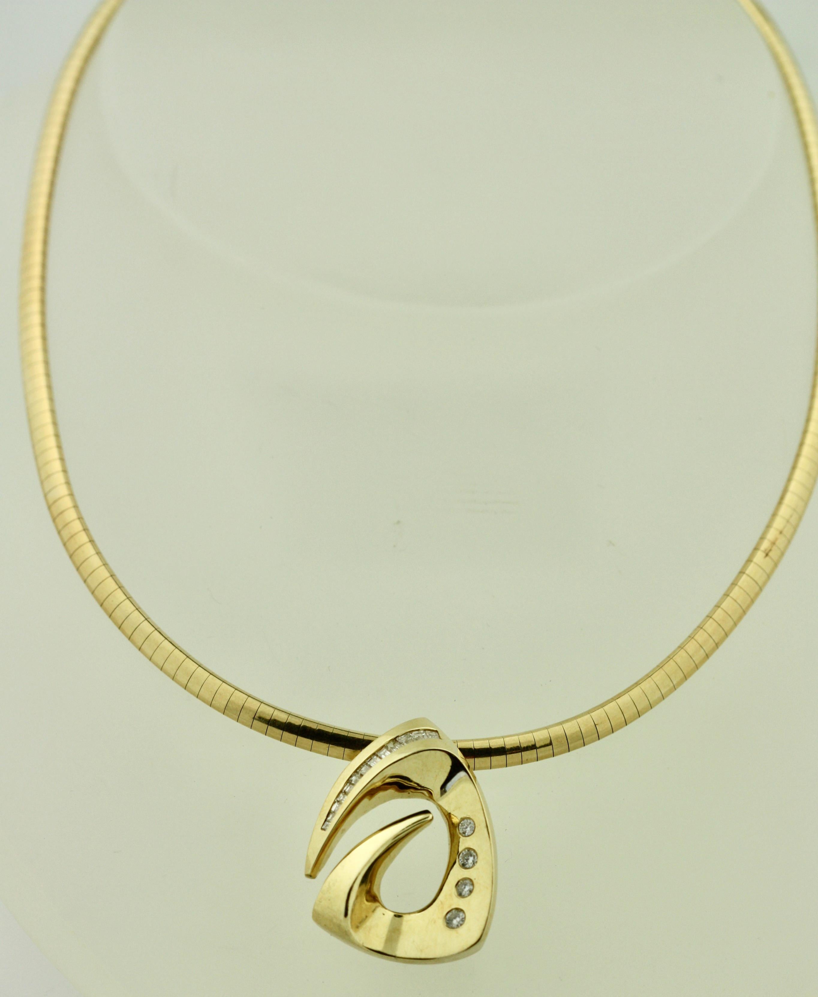Round Cut 14 Karat Omega and Diamond Pendant Necklace For Sale