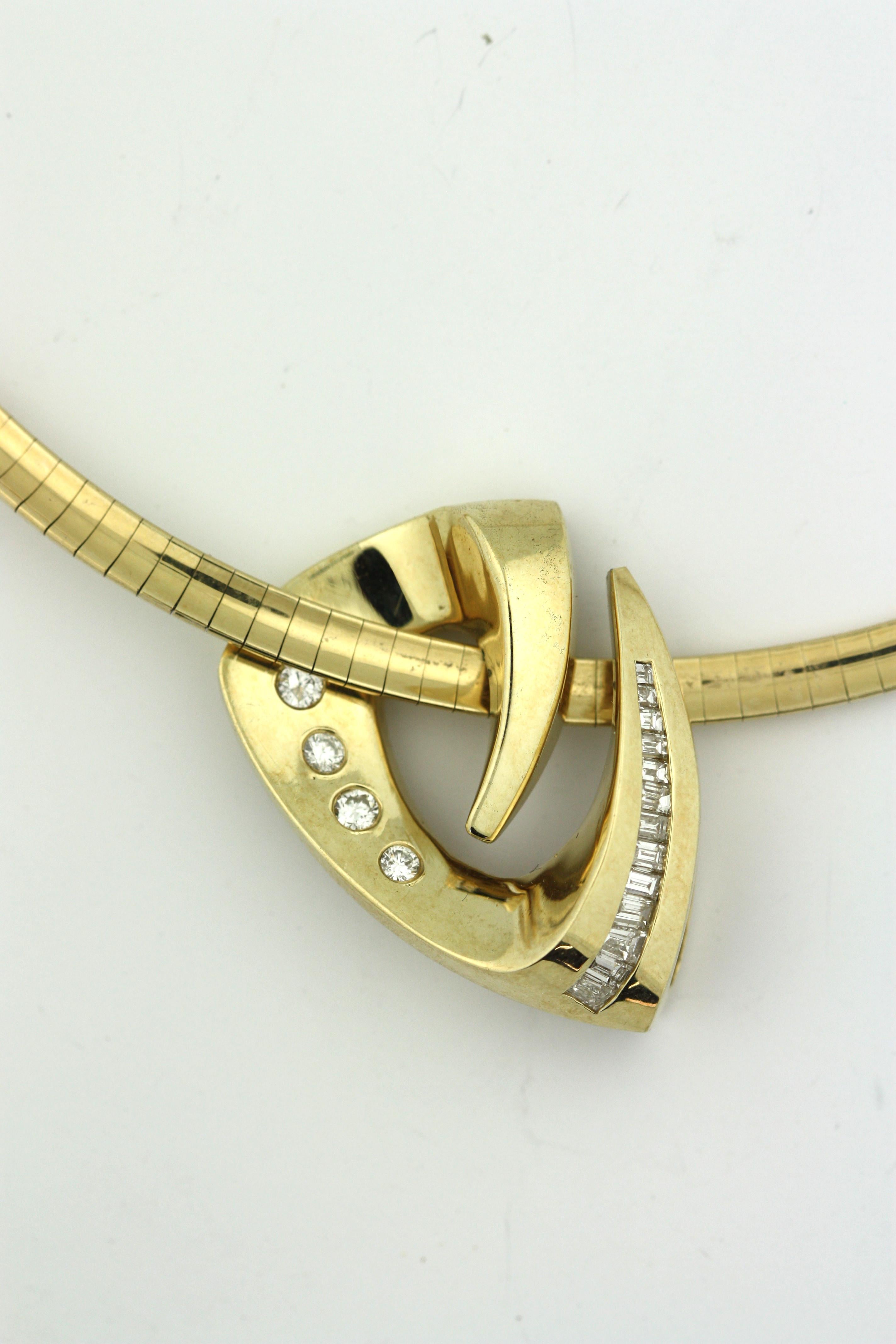 14 Karat Omega and Diamond Pendant Necklace For Sale 2