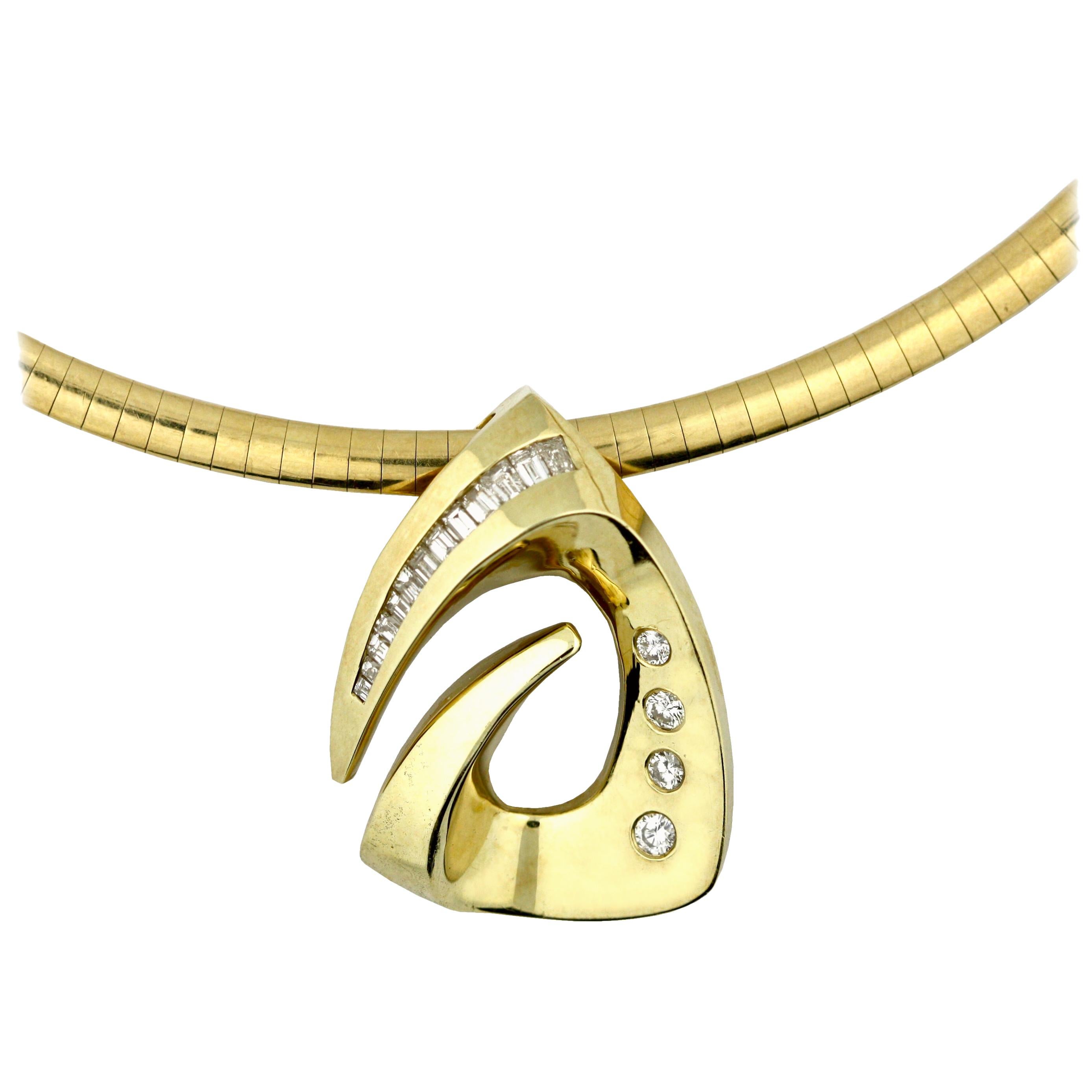 14 Karat Omega and Diamond Pendant Necklace