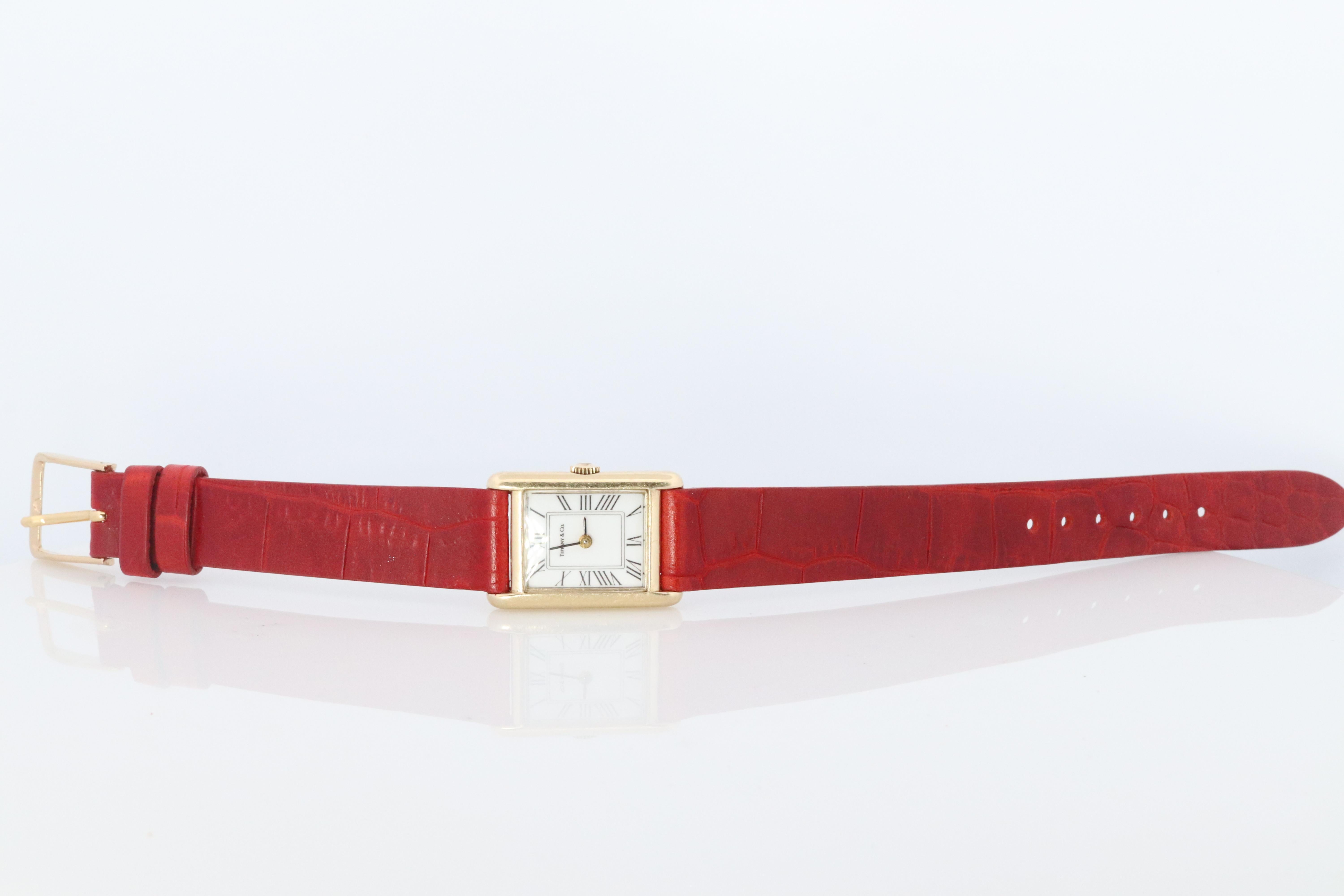 14k OMEGA x Tiffany & Co Tank Watch. 14k Yellow Manual Windup Omega In Good Condition For Sale In Port Charlotte, FL