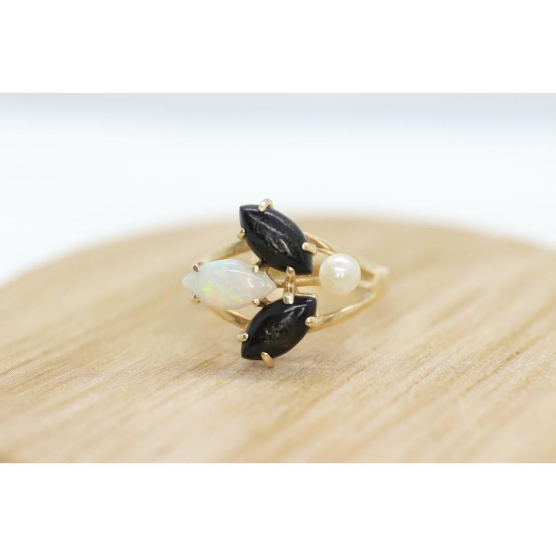 Anello a grappolo in onice opale e perla 14k. Fascia Navette Onice Opale. in vendita 6