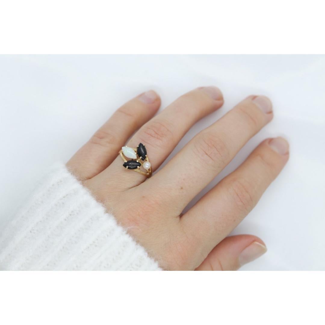 Anello a grappolo in onice opale e perla 14k. Fascia Navette Onice Opale. in vendita 7