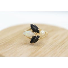 14k Onyx Opal and Pearl Cabochon cluster ring. Navette Onyx Opal band.