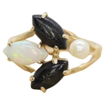 14k Onyx Opal and Pearl Cabochon cluster ring. Navette Onyx Opal band.