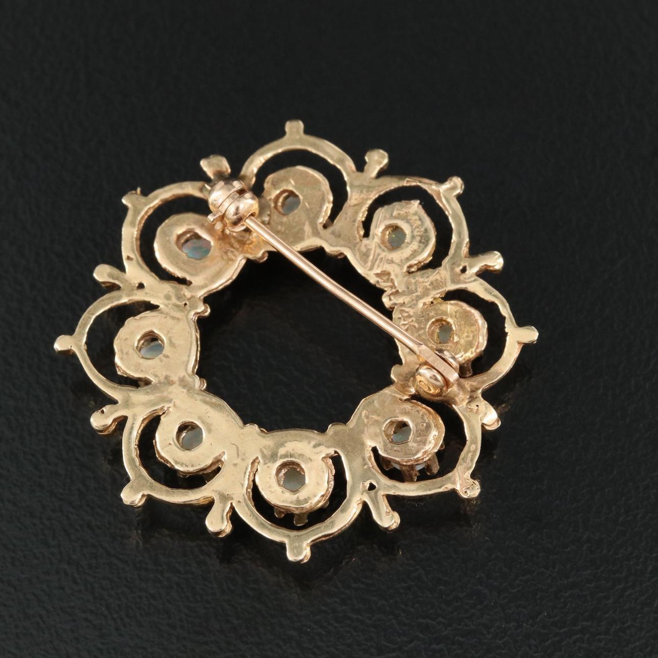 Step into the enchanting world of the Victorian era with this exquisite 14K Yellow Gold Opal Brooch. Crafted with the precision and artistry characteristic of the period, this brooch features a captivating design adorned with eight prong-set opals.